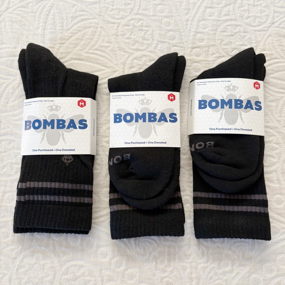 Bombas Crew Length Socks - Sz M, 3 Pairs, Black